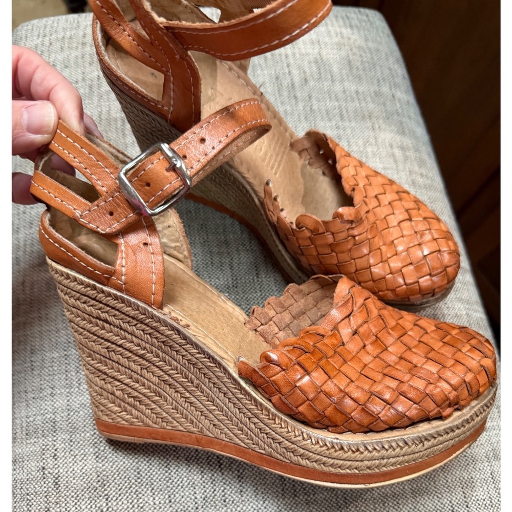 Artesanal Zairitos Tan Leather Woven Huarache Espadrille Wedge Sandals Mexico
